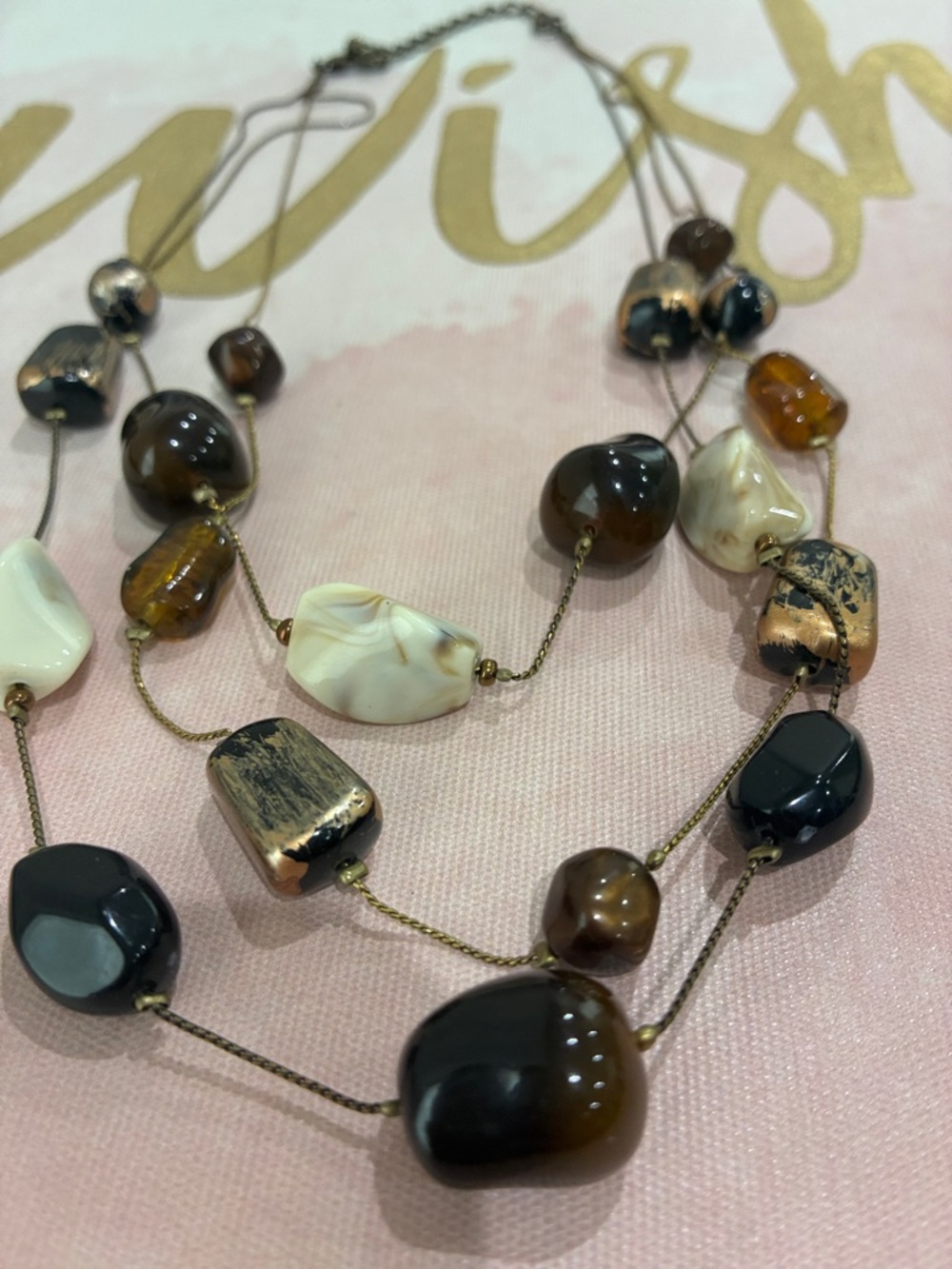Multi-Strand Brown & Cream Beaded Necklace